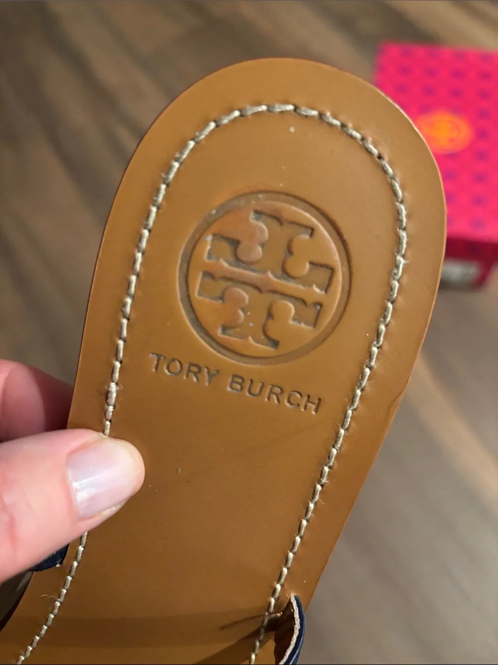 Tory Burch Navy and Tan Leather T-strap Sandals